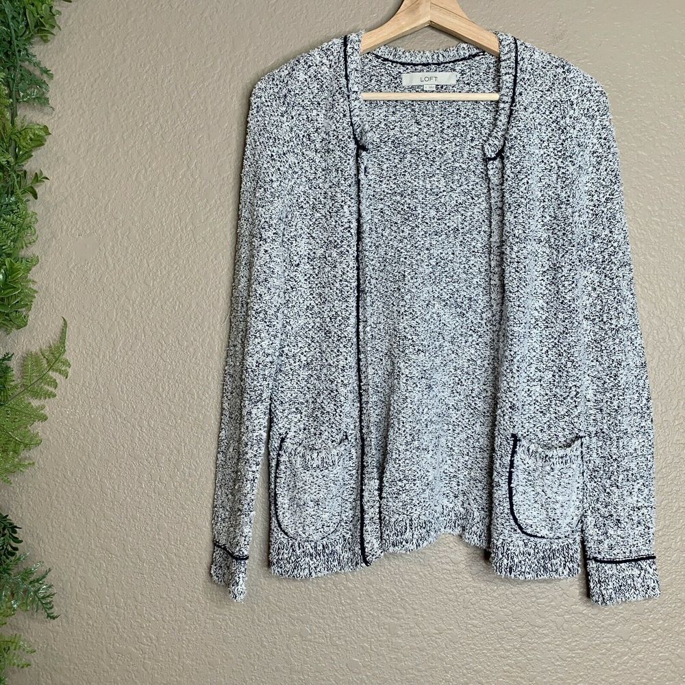 LOFT Open Front Cardigan Blue & White Knit Size S